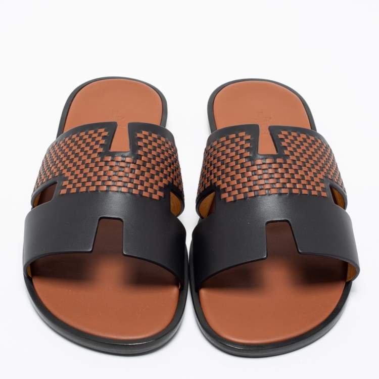 Pre Owned Hermes Black/Brown Leather Izmir Flat Sandals Size 44