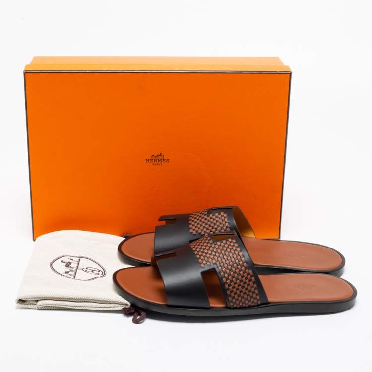 Pre Owned Hermes Black/Brown Leather Izmir Flat Sandals Size 44