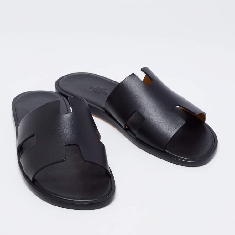 Pre Owned Hermes Black Leather Izmir Slide Sandals Size 40