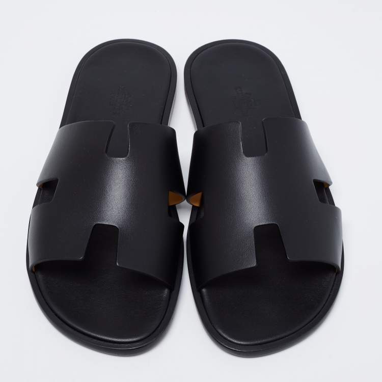 Pre Owned Hermes Black Leather Izmir Slide Sandals Size 40