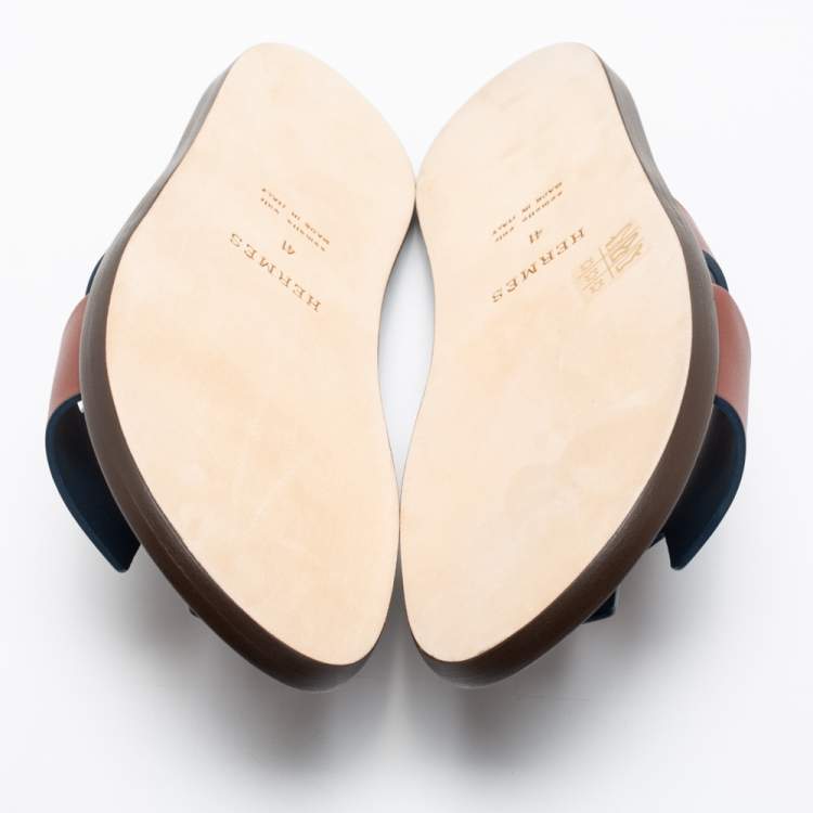Pre Owned Hermès Brown Leather Izmir Slide Sandals Size 41
