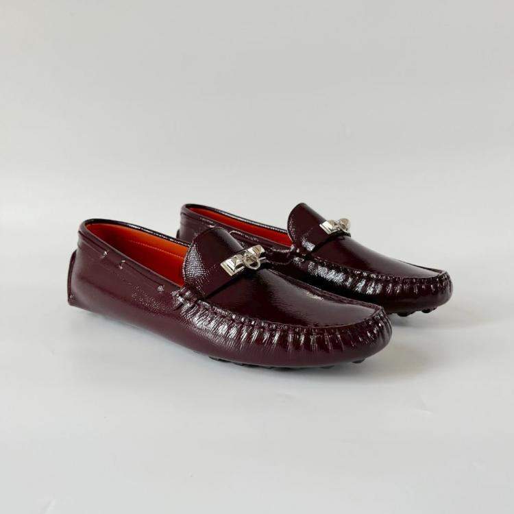 Pre Owned Hermes Burgundy Patent Leather Irving Slip On Loafers, 41