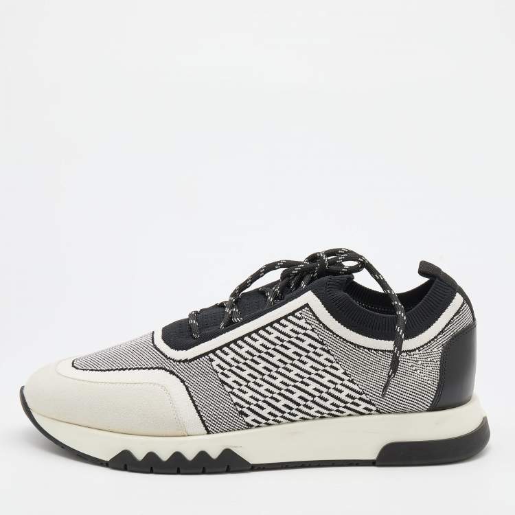 Pre Owned Hermes White/Black Suede and Knit Fabric Addict Low Top Sneakers Size 41