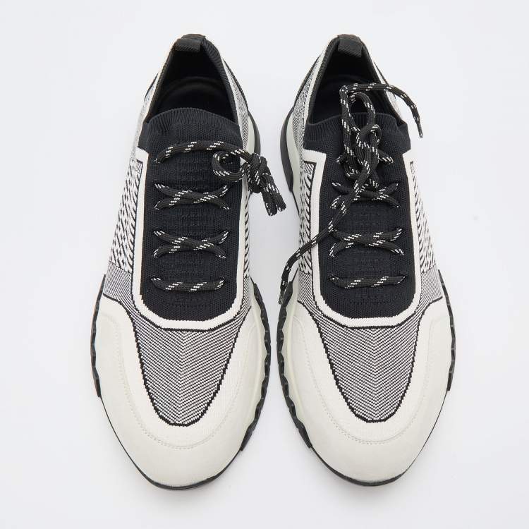 Pre Owned Hermes White/Black Suede and Knit Fabric Addict Low Top Sneakers Size 41