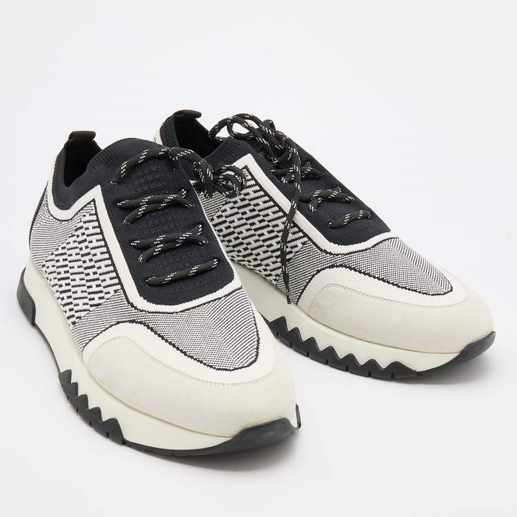 Pre Owned Hermes White/Black Suede and Knit Fabric Addict Low Top Sneakers Size 41