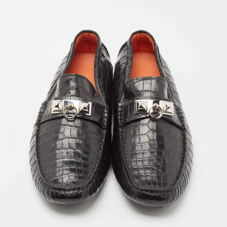 Pre Owned Hermes Black Matt Crocodile Niloticus Irving Loafers Size 45