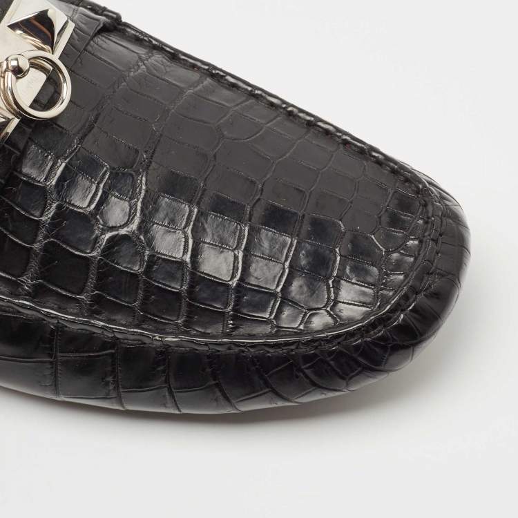 Pre Owned Hermes Black Matt Crocodile Niloticus Irving Loafers Size 45