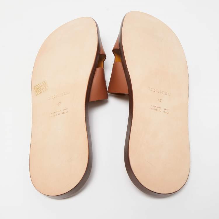 Pre Owned Hermes Brown Leather Izmir Slide Flats Size 47