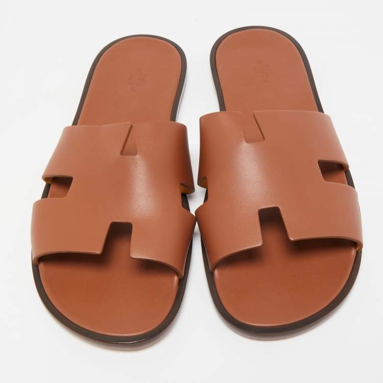 Pre Owned Hermes Brown Leather Izmir Slide Flats Size 47