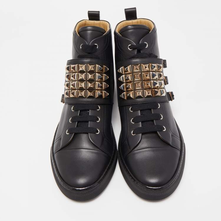 Pre Owned Hermes Black Leather Studded Lennox High Top Sneakers Size 43.5