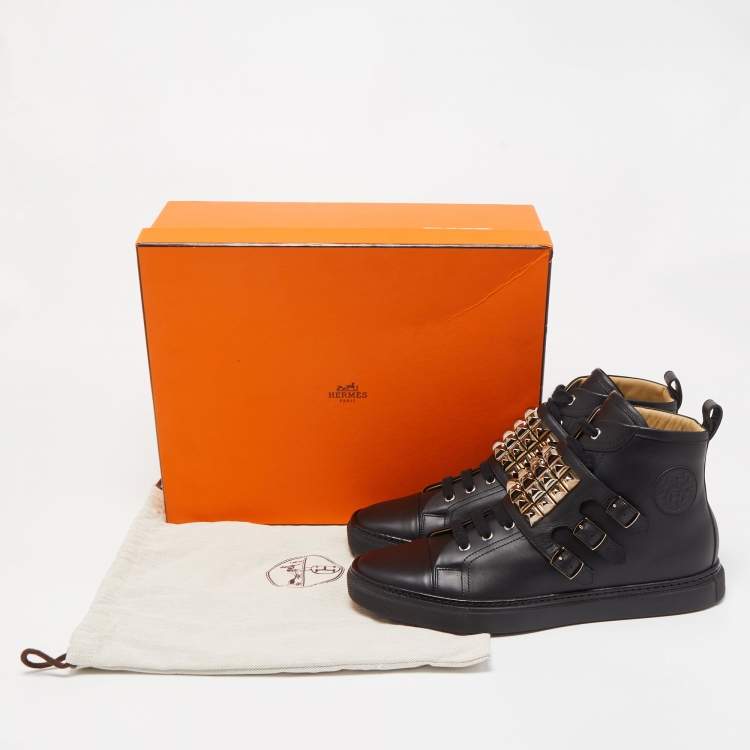 Pre Owned Hermes Black Leather Studded Lennox High Top Sneakers Size 43.5