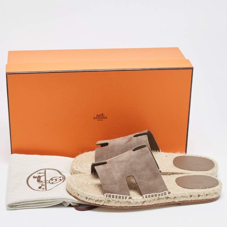 Pre Owned Hermes Brown Suede Antigua Flat Slides Size 41