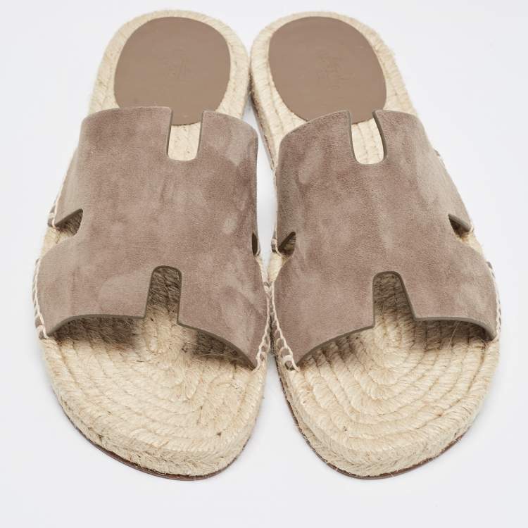 Pre Owned Hermes Brown Suede Antigua Flat Slides Size 41