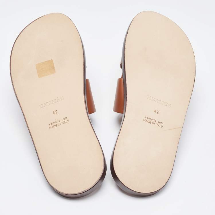 Pre Owned Hermes Brown Leather Izmir Flat Slides Size 42