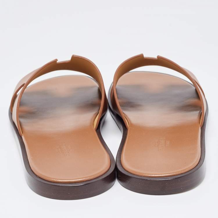 Pre Owned Hermes Brown Leather Izmir Flat Slides Size 42
