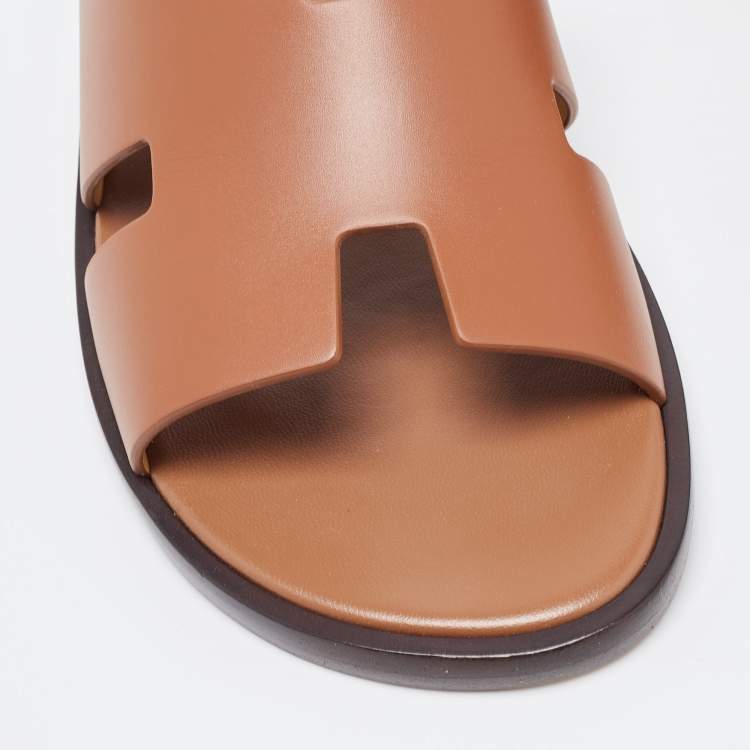 Pre Owned Hermes Brown Leather Izmir Flat Slides Size 42