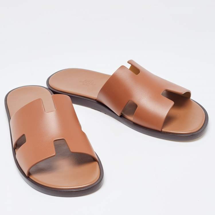 Pre Owned Hermes Brown Leather Izmir Flat Slides Size 42