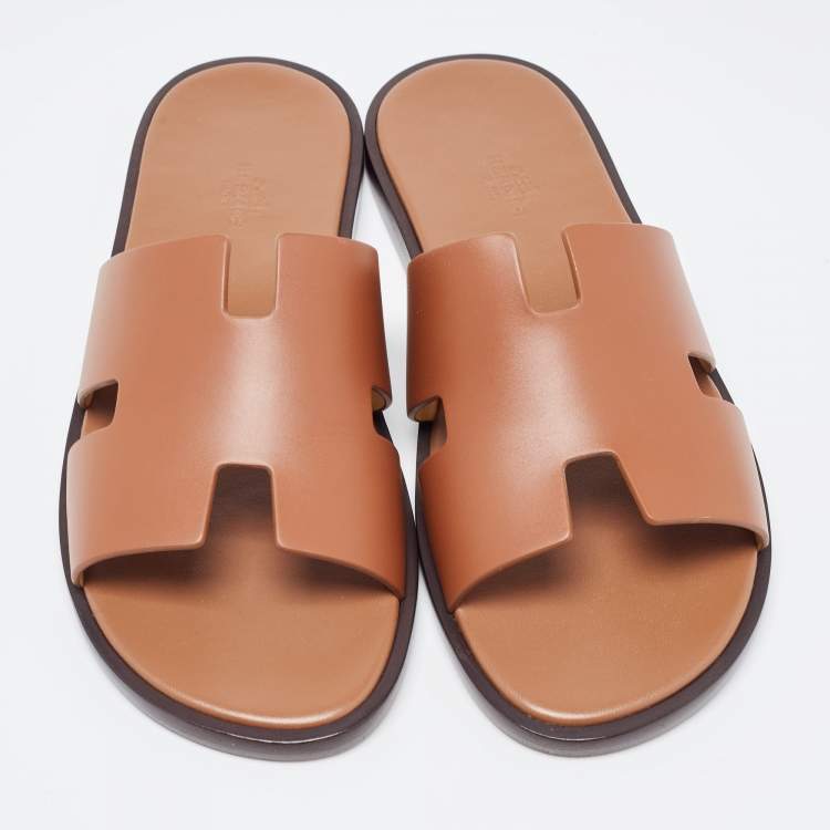 Pre Owned Hermes Brown Leather Izmir Flat Slides Size 42