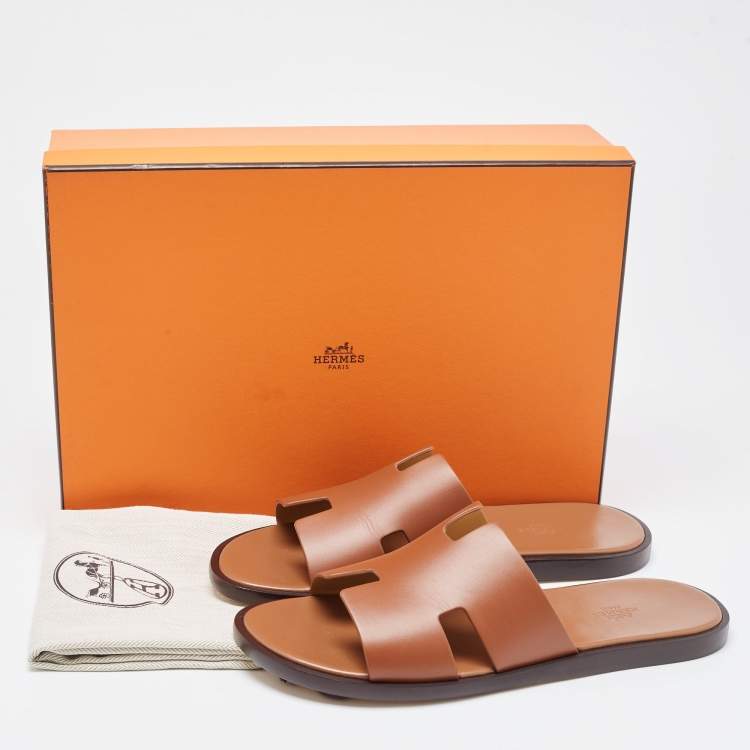 Pre Owned Hermes Brown Leather Izmir Flat Slides Size 42