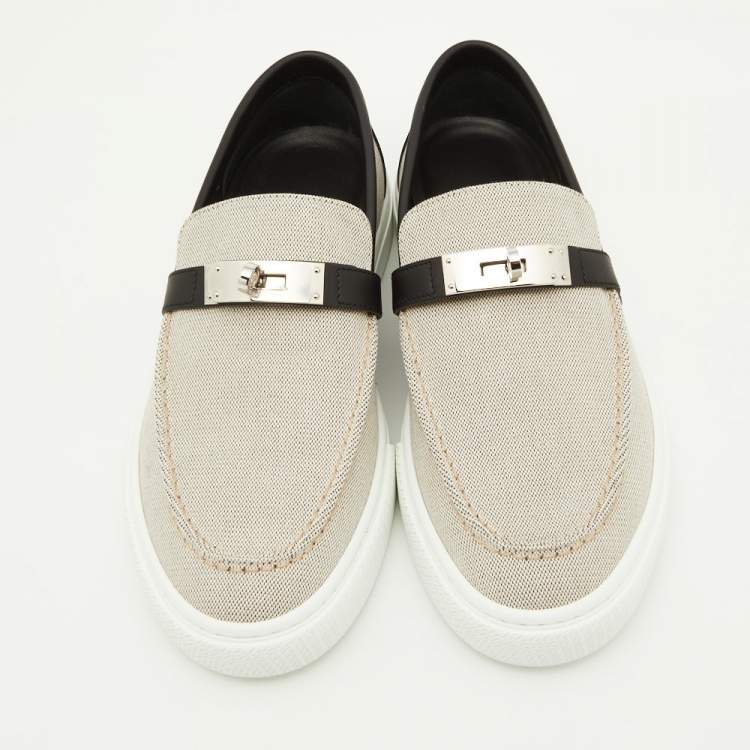 Pre Owned Hermes Grey/Black Canvas and Leather Game Sneakers Size 41.5