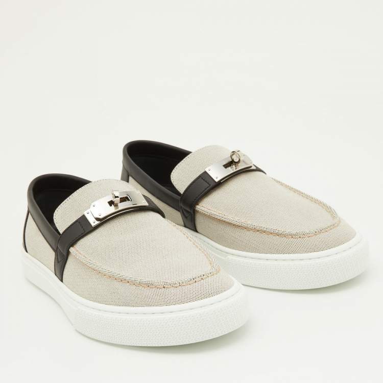 Pre Owned Hermes Grey/Black Canvas and Leather Game Sneakers Size 41.5
