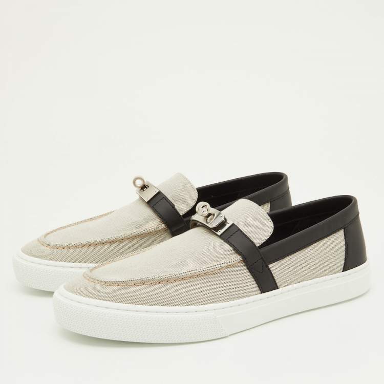 Pre Owned Hermes Grey/Black Canvas and Leather Game Sneakers Size 41.5