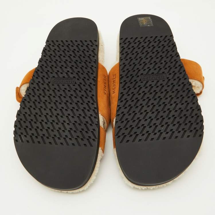 Pre Owned Hermes Tan Suede and Shearling Fur Lined Chypre Sandals Size 41.5