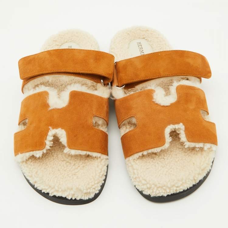 Pre Owned Hermes Tan Suede and Shearling Fur Lined Chypre Sandals Size 41.5