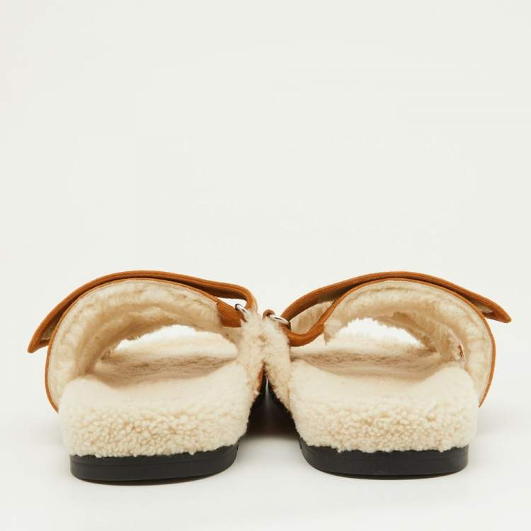 Pre Owned Hermes Tan Suede and Shearling Fur Lined Chypre Sandals Size 41.5