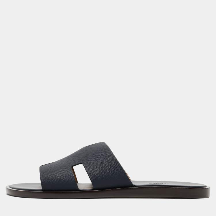 Pre Owned Hermes Navy Blue Leather Izmir Slides Size 42.5 