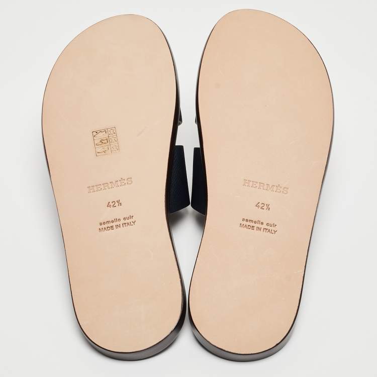 Pre Owned Hermes Navy Blue Leather Izmir Slides Size 42.5 
