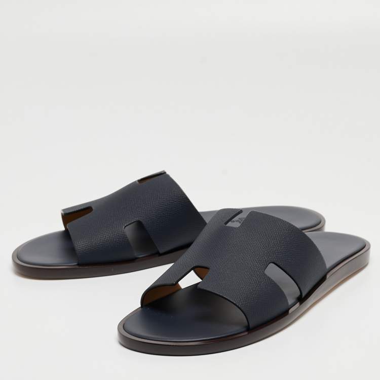 Pre Owned Hermes Navy Blue Leather Izmir Slides Size 42.5 