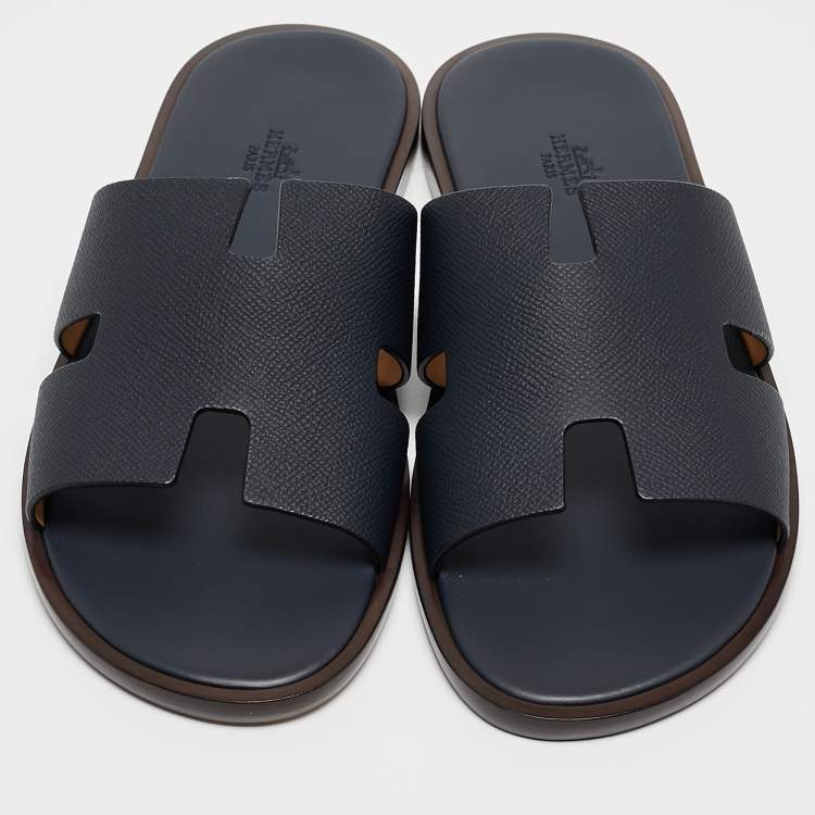 Pre Owned Hermes Navy Blue Leather Izmir Slides Size 42.5 
