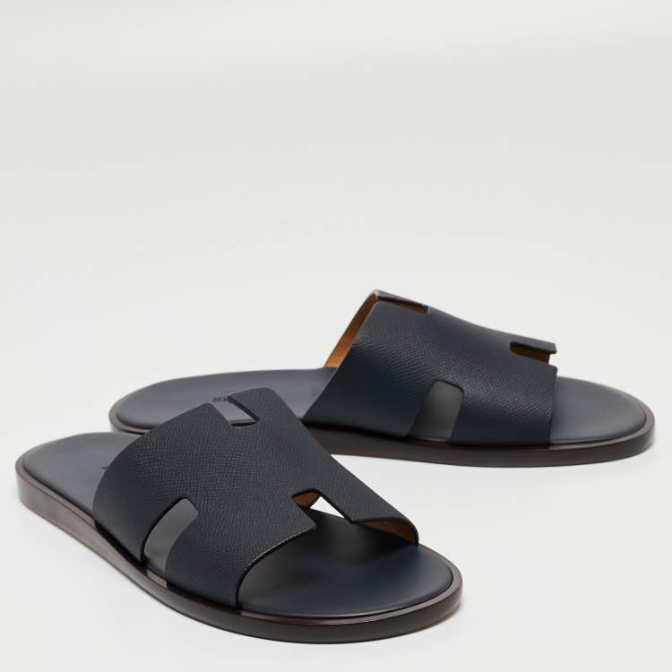 Pre Owned Hermes Navy Blue Leather Izmir Slides Size 42.5 