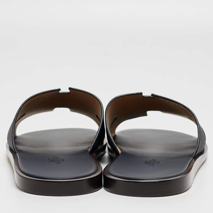 Pre Owned Hermes Navy Blue Leather Izmir Slides Size 42.5 