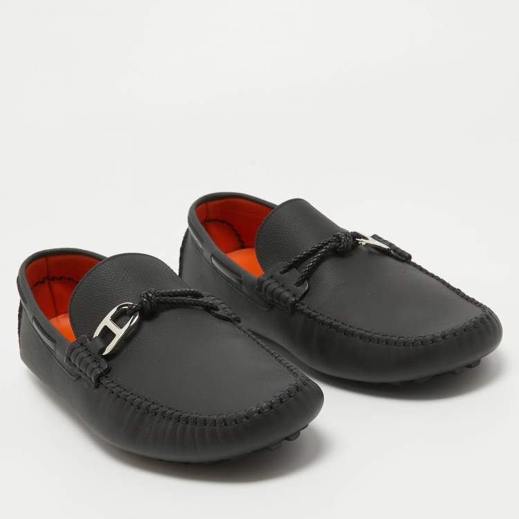 Pre Owned Hermes Black Leather Alessandro Slip On Loafers Size 44