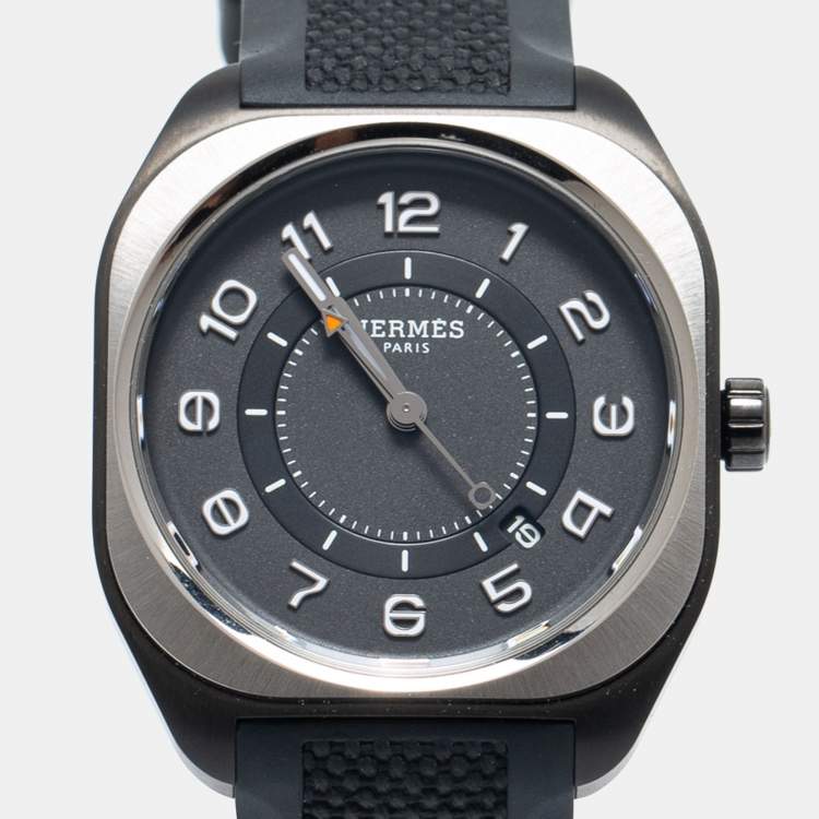 Pre Owned Hermes Grey Titanium Rubber H08 SP1.471 Men's Wristwatch 39 mm