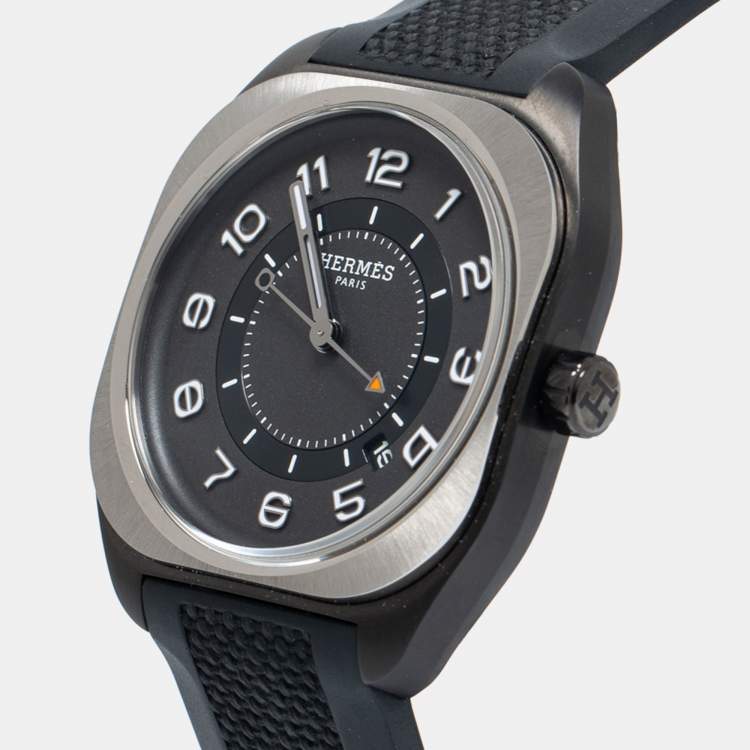 Pre Owned Hermes Grey Titanium Rubber H08 SP1.471 Men's Wristwatch 39 mm