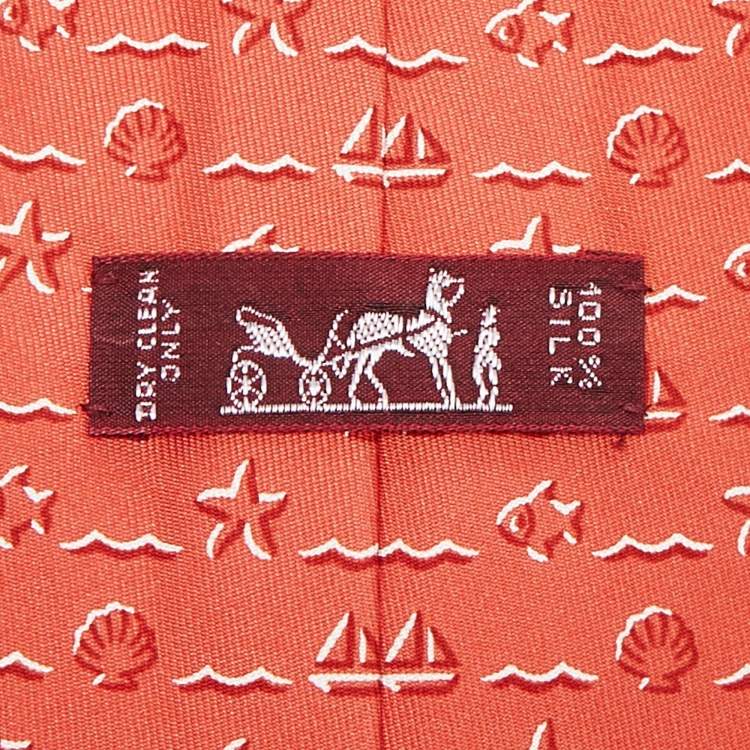 Pre Owned Hermes Orange Nautical Seashell Print Silk Classic Tie