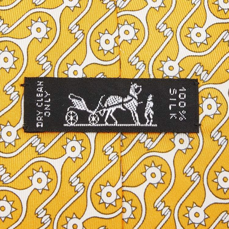 Pre Owned Hermes Yellow Printed Silk Traditional Tie