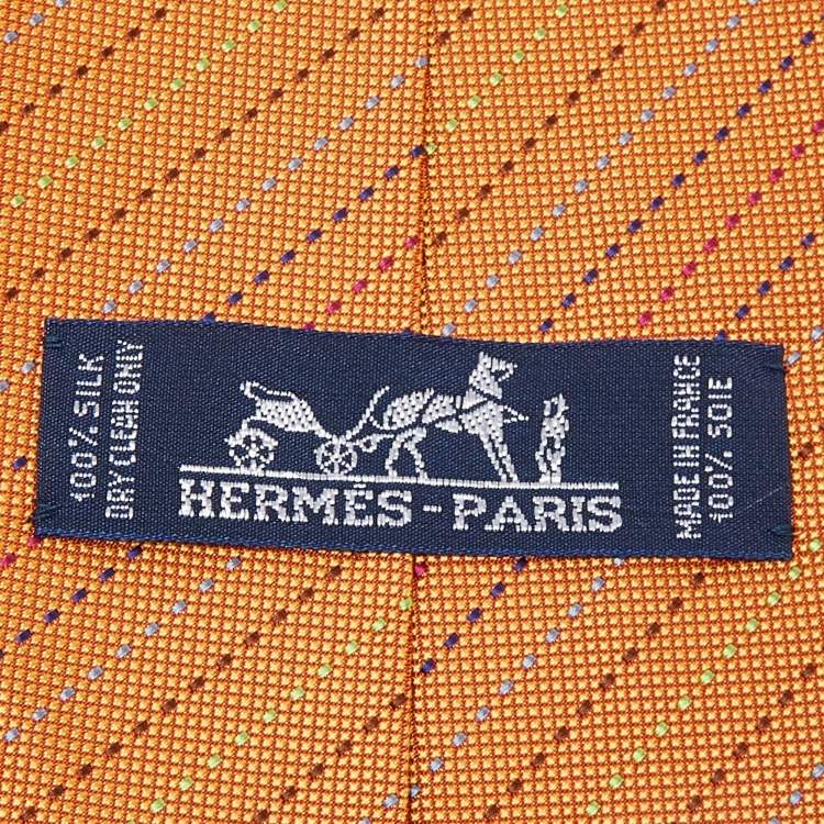 Pre Owned Hermes Orange Diagonal Stripe Pattern Silk Classic Tie
