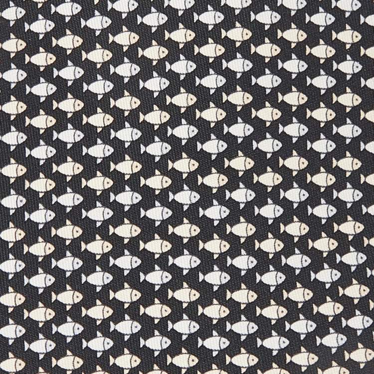 Pre Owned Hermes Black Fish Print Silk Traditional Tie