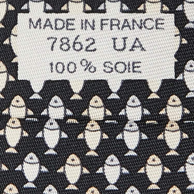 Pre Owned Hermes Black Fish Print Silk Traditional Tie