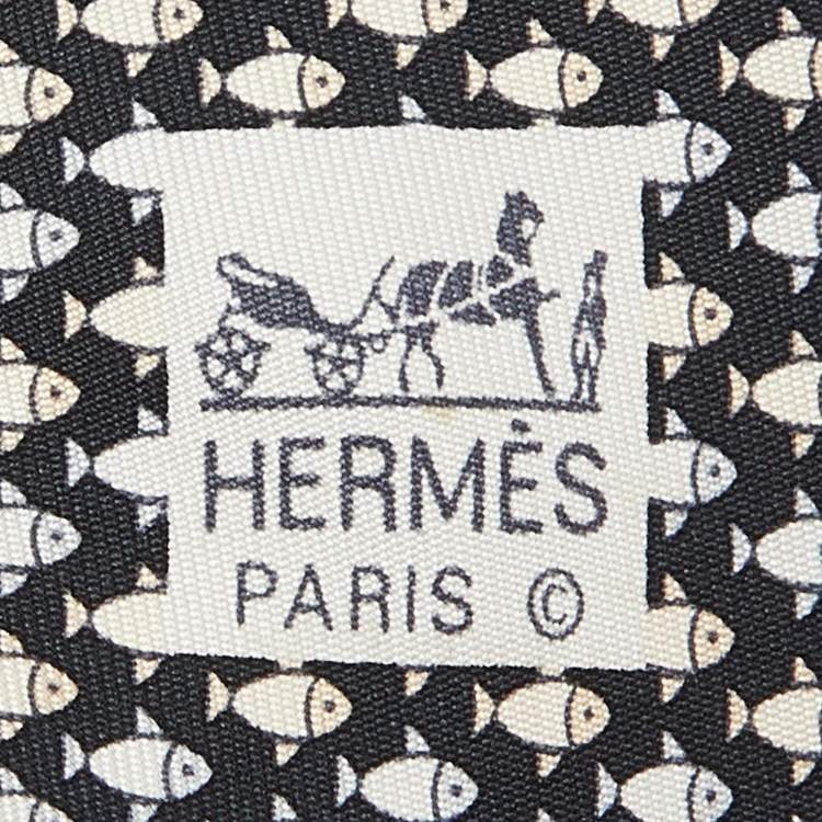 Pre Owned Hermes Black Fish Print Silk Traditional Tie