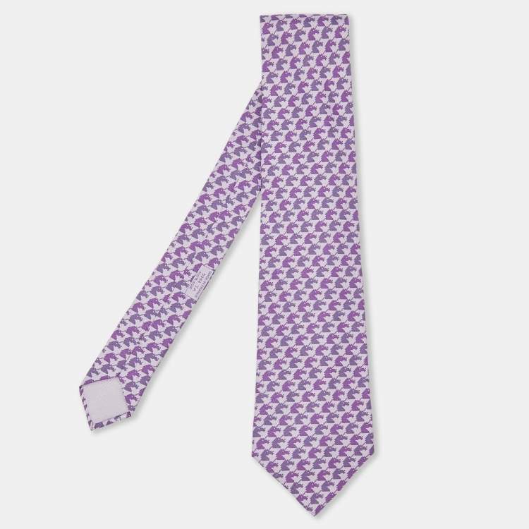 Pre Owned Hermes Purple Pixel Animal Print Silk Traditional Tie 