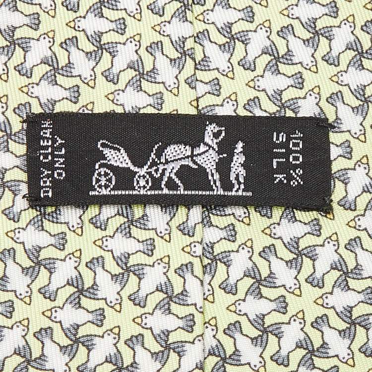 Pre Owned Hermès Lime Green Dove Print Silk Traditional Tie