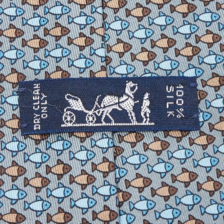 Pre Owned Hermès Grey Fish Print Silk Classic Tie