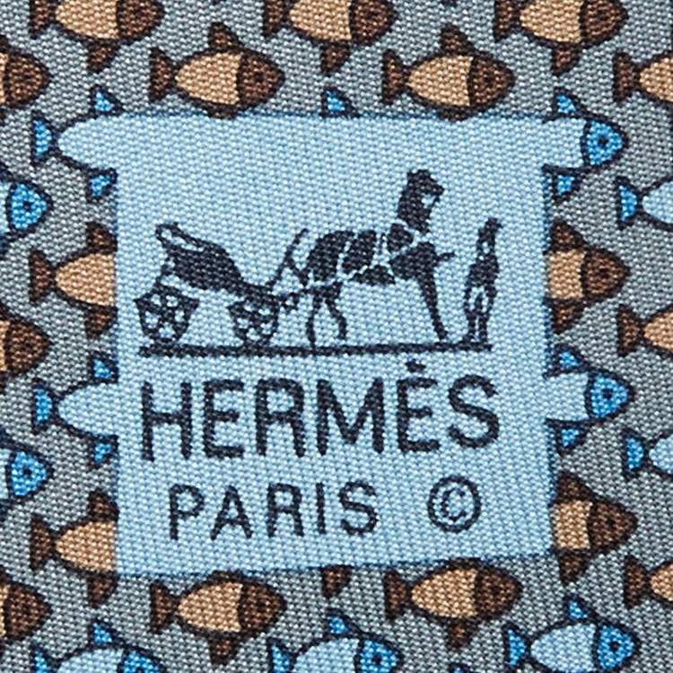 Pre Owned Hermès Grey Fish Print Silk Classic Tie