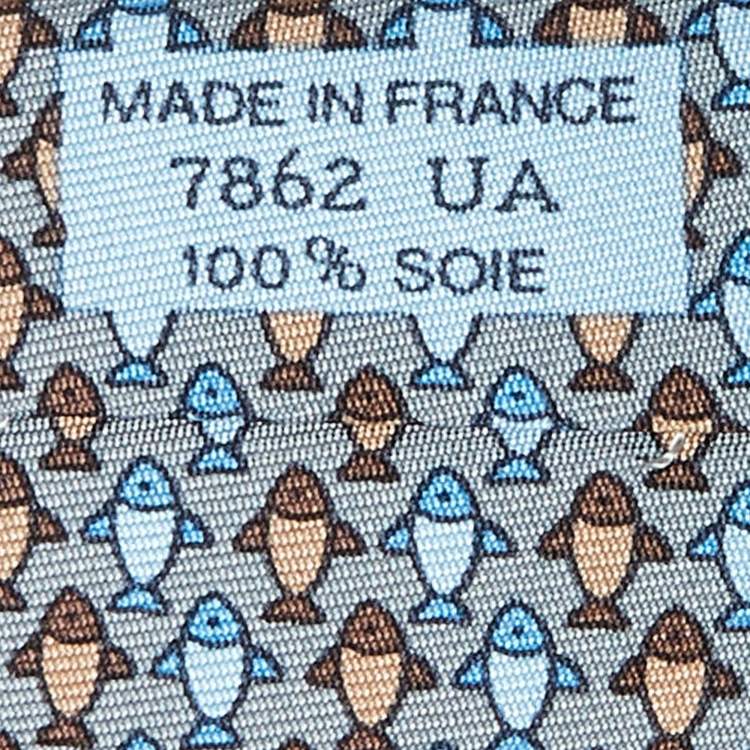 Pre Owned Hermès Grey Fish Print Silk Classic Tie