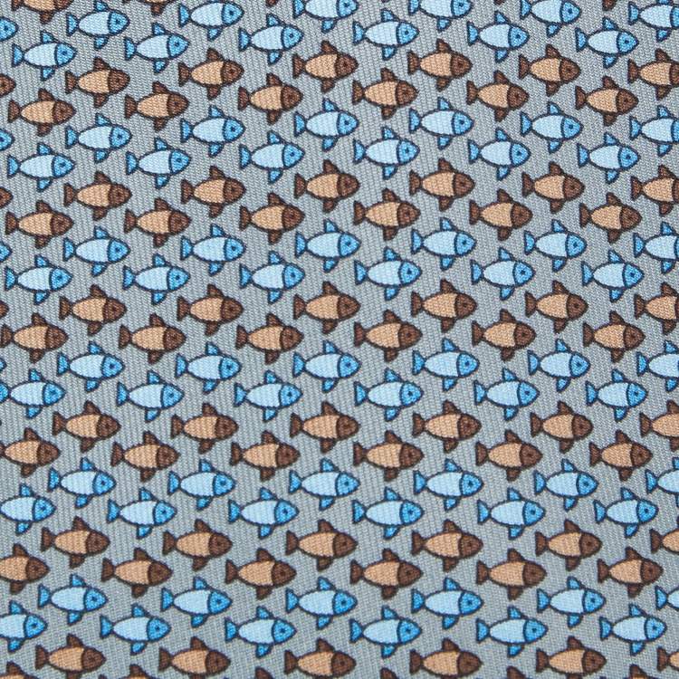 Pre Owned Hermès Grey Fish Print Silk Classic Tie